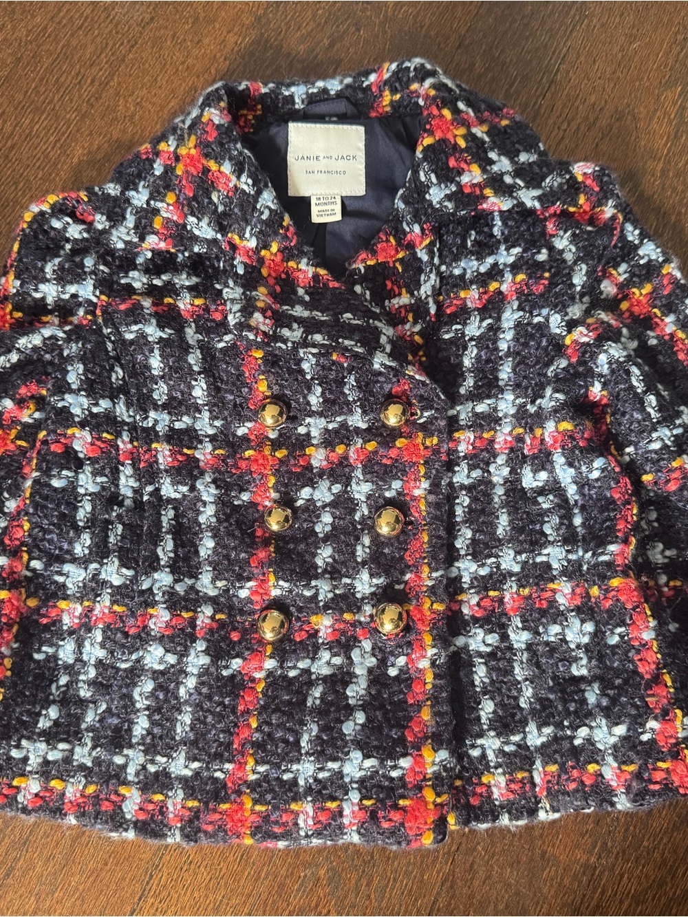 Janie and Jack Girls Tweed Plaid Double-Breasted Jacket with Gold Buttons